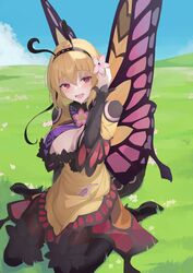  :d antennae bell_orgel black_hairband blonde_hair blue_sky boots breasts butterfly_girl butterfly_wings cleavage cloud commentary crazy_straw day dress drinking_straw female flower grass hair_between_eyes hair_flower hair_ornament hairband high_heel_boots high_heels highres insect_wings large_breasts light_blush long_sleeves looking_at_viewer monster_girl monster_girl_encyclopedia open_mouth outdoors papillon_(monster_girl_encyclopedia) red_eyes short_hair sitting sky smile solo thigh_boots wings 