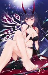  7t absurdres arm_guards armor bare_shoulders bikini_armor blunt_bangs blush breasts cleavage crossed_legs feet female hand_to_own_mouth heart heart-shaped_pupils highres honkai_(series) honkai_impact_3rd horns large_breasts long_hair looking_at_viewer markings nail_polish navel oni_horns parted_lips petals pubic_tattoo purple_eyes purple_hair purple_nails raiden_mei raiden_mei_(herrscher_of_thunder) red_horns sitting smile solo sword symbol-shaped_pupils tattoo thighs toes very_long_hair weapon 