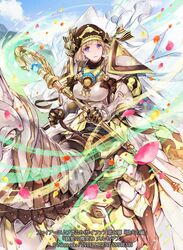  armor armored_animal barding blonde_hair blue_sky bow breasts cloud commentary_request company_name copyright_name day earrings female fire_emblem fire_emblem:_three_houses fire_emblem_cipher hat holding holding_staff horse horseback_riding itou_misei jewelry large_breasts mercedes_von_martritz official_art outdoors pauldrons petals purple_eyes ribbon riding short_hair shoulder_armor sky solo staff 