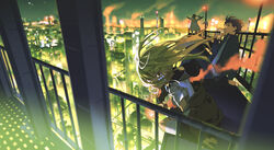  1boy 1other absurdres arms_up braid building city city_lights commentary female film_grain highres jacket long_hair looking_at_viewer night original railing shirt short_hair skyscraper smoking standing yoneyama_mai 