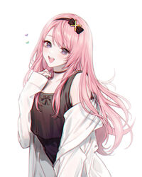  1boy :d azmpty bare_shoulders black_bow black_choker black_shirt bow choker collarbone hairband hand_up heart highres holostars jacket long_hair looking_at_viewer male_focus open_mouth otoko_no_ko pink_hair protected_link purple_eyes shirt sidelocks simple_background sleeveless sleeveless_shirt smile solo teeth tsukishita_kaoru upper_teeth_only virtual_youtuber white_background white_jacket 