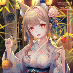  :d animal_ears blue_nails brown_hair candy_apple fangs female flower food fox_ears fox_girl fox_mask fox_tail hair_bun hair_ornament healing_luka holding holding_food indie_virtual_youtuber japanese_clothes kanzashi kimono lf_(paro) long_hair long_sleeves looking_at_viewer mask nail_polish obi obidome obijime pentagram pink_flower red_eyes sash single_hair_bun smile solo summer summer_festival tail virtual_youtuber water_yoyo white_kimono yukata 