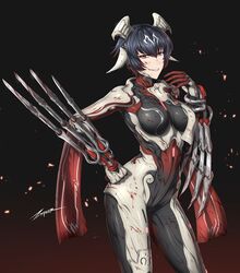  arm_blade black_hair blood blood_on_clothes blood_on_face blood_on_weapon bodysuit breasts claw_(weapon) ear_ornament english_commentary female garuda_(warframe) grin hair_between_eyes hair_ornament highres humanization looking_at_viewer medium_breasts melee_weapon_(warframe) red_eyes short_hair signature simple_background smile solo teeth warframe weapon zxpfer 