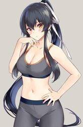  black_hair breasts cleavage collarbone cowboy_shot female floating_hair grey_background grey_pants grey_sports_bra hair_ribbon hand_on_own_hip ichinomiya_(blantte) kantai_collection medium_breasts midriff navel pants parted_lips ponytail red_eyes ribbon simple_background solo sports_bra sportswear sweatdrop white_ribbon yahagi_(kancolle) yoga_pants 