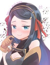  artist_name atakigiri_(tenka_hyakken) bare_shoulders black_hair blue_eyes blush brown_gloves chest_armor cleavage_cutout closed_mouth clothing_cutout dated detached_sleeves diamond_(shape) female gloves hairband hand_up long_hair looking_at_viewer one-hour_drawing_challenge red_ribbon ribbon sidelocks smile solo ssk_sasasa tenka_hyakken twitter_username upper_body 