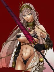  abs bikini black_bikini blue_eyes breasts chains collar crown elbow_gloves fate/grand_order fate_(series) female frown gloves gold_chain gotouge_koyoharu_(style) grey_hair large_breasts long_hair multicolored_hair om_2_log pink_hair polearm solo swimsuit tan weapon zenobia_(fate) 