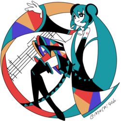  abstract aqua_hair aqua_necktie bare_shoulders black_eyes black_footwear black_sleeves black_thighhighs boots breasts closed_mouth colored_skin commentary detached_sleeves female full_body hair_between_eyes hair_ornament hand_up hatsune_miku light_smile long_hair long_sleeves machigami_yoh miniskirt multicolored_hair necktie shirt simple_background skirt sleeveless sleeveless_shirt small_breasts solo thigh_boots thighhighs twintails twitter_username very_long_hair vocaloid white_background white_shirt white_skin wide_sleeves zettai_ryouiki 