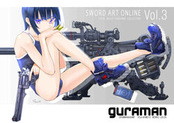  akimoto_kouji artist_name between_fingers black_hair blue_footwear blue_one-piece_swimsuit boots bullet character_request commentary_request competition_school_swimsuit copyright_name covering_own_mouth dated female from_side gun handgun highres holding holding_gun holding_weapon leg_up looking_at_viewer mole mole_under_eye one-piece_swimsuit purple_eyes revolver rifle school_swimsuit scope signature sitting sniper_rifle solo straight_hair swimsuit sword_art_online trigger_discipline weapon 