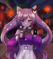  :t bare_shoulders blush bow braid casual female flower genshin_impact hair_flower hair_ornament hairbow highres holding holding_phone kenouo keqing_(genshin_impact) keqing_(lantern_rite)_(genshin_impact) lantern long_hair long_sleeves looking_at_viewer night official_alternate_costume phone pout purple_eyes purple_hair purple_sweater scarf skirt sweater twintails white_skirt 