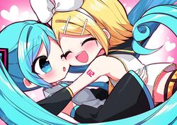  2girls aqua_eyes aqua_hair aqua_nails aqua_necktie bare_shoulders belt black_sailor_collar black_sleeves blonde_hair blush bow cheek-to-cheek closed_eyes commentary crop_top detached_sleeves grey_shirt hair_ornament hairbow hairclip hand_on_another&#039;s_back hatsune_miku heads_together heart heart_background hug kagamine_rin kasaki_sakura long_hair looking_at_another multiple_girls nail_polish necktie one_eye_closed open_mouth sailor_collar school_uniform shirt short_hair shoulder_tattoo sleeveless sleeveless_shirt smile swept_bangs tattoo twintails very_long_hair vocaloid white_bow white_shirt yuri 