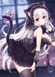  animal_ears black_bow black_dress black_hairband black_thighhighs blurry blurry_background bow breasts bridal_gauntlets cat_day cat_ears cat_girl cat_tail cleavage commentary_request depth_of_field dress female frilled_dress frilled_hairband frills hair_between_eyes hairband hand_up heart large_breasts leaning_forward long_hair looking_at_viewer looking_to_the_side mitsuba_choco nail_polish original red_eyes red_nails red_ribbon ribbon solo strapless strapless_dress striped striped_bow tail tail_ornament tail_raised tail_ribbon thighhighs very_long_hair white_hair 