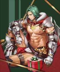  1boy abs anjingkuxiao bara bare_pectorals beard bow bowtie box cape chest_harness christmas facial_hair feet_out_of_frame fire_emblem fur-trimmed_cape fur_trim gauntlets gift gift_box green_hair harness highres large_pectorals leather looking_at_viewer male_focus mature_male muscular muscular_male navel nipples pectorals pelvic_curtain santa_costume seteth_(fire_emblem) short_hair sitting snowflake_print solo stomach thighs 