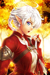  alisaie_leveilleur blue_eyes blurry blurry_background blush breasts check_commentary chest_belt commentary commentary_request earrings elezen elf female final_fantasy final_fantasy_xiv fingerless_gloves from_side gloves hair_ornament highres holding holding_own_hair jacket jewelry lips looking_at_viewer open_collar open_mouth outdoors pointy_ears ponytail red_jacket signature small_breasts solo torso tree upper_body white_hair you_haruka 