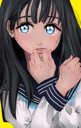  absurdres akebi-chan_no_serafuku akebi_komichi black_hair blue_eyes female highres karamell long_hair roubai_academy_school_uniform_(old) school_uniform serafuku simple_background solo uniform yellow_background 