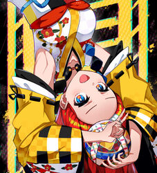  armpits arms_up ball blue_eyes bright_pupils choker chromatic_aberration collarbone detached_sleeves female floral_print forehead hakos_baelz hakos_baelz_(new_year) highres hololive hololive_english japanese_clothes kimono long_hair looking_at_viewer obi oerba_yun_fang open_mouth red_hair sash smile solo taiyo_sketches upside-down v virtual_youtuber white_hair wide_sleeves 