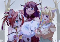  3girls absurdres animal animal_ear_fluff animal_ears blonde_hair blue_eyes brown_jacket dice_hair_ornament fox fox_ears fox_girl green_skirt hair_ornament hakos_baelz hakos_baelz_(1st_costume) heterochromia highres holding holding_animal hololive hololive_english horns imori_(imori7) irys_(hololive) irys_(irys_1.0)_(hololive) jacket long_hair looking_down mouse_ears mouse_girl multiple_girls multiple_horns off-shoulder_shirt off_shoulder official_alternate_costume omaru_polka omaru_polka_(street_casual) pointy_ears purple_eyes purple_hair red_hair shirt skirt smile snowing twintails virtual_youtuber white_shirt 