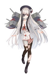  absurdres almic bad_id bad_pixiv_id bandaged_leg bandages black_footwear black_hair black_legwear blue_oath eyebrows female full_body hat highres long_hair looking_at_viewer multicolored_hair neckerchief one_eye_covered pantyhose pleated_skirt red_eyes red_neckerchief school_uniform serafuku skirt standing tachi-e two-tone_hair uniform white_hair yuura_(blue_oath) 