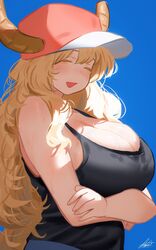  :d =_= arms_under_breasts black_shirt blonde_hair blue_background breasts cleavage closed_eyes dragon_girl dragon_horns female highres horns horns_through_headwear kobayashi-san_chi_no_maidragon large_breasts lucoa_(maidragon) open_mouth pink_headwear ryusei_hashida shaded_face shadow shirt signature sleeveless sleeveless_shirt smile solo tank_top triangle_mouth upper_body veins veiny_breasts 