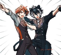  2boys :d ahoge animal_ears arms_up artist_name black_gloves black_hair black_pants black_shirt black_vest breast_pocket brown_vest buttons commentary_request double-breasted gloves grey_shirt heterochromia highres holostars jackal_boy jackal_ears jackal_tail jitome kageyama_shien looking_at_viewer male_focus multicolored_hair multiple_boys necktie ninahachi oerba_yun_fang open_mouth orange_eyes orange_hair orange_necktie pants pocket pose purple_eyes shirt sleeves_rolled_up smile two-tone_hair vest virtual_youtuber white_hair yellow_eyes yukoku_roberu 