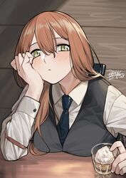  alternate_costume blush brown_hair closed_mouth collared_shirt commentary cup dated dress_shirt drinking_glass elbow_rest eyebrows_hidden_by_hair female girls&#039;_frontline green_eyes grey_vest hair_between_eyes hand_on_own_cheek hand_on_own_face highres holding holding_cup ice ice_cube long_hair long_sleeves looking_to_the_side nao_(syn_eaa) necktie shirt sitting solo springfield_(girls&#039;_frontline) table va-11_hall-a vest white_shirt wooden_wall 