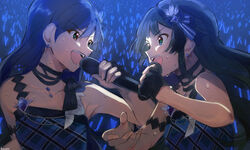  2girls black_gloves black_hair blue_dress blue_hair blue_sapphire_(idolmaster) bow commentary_request concert dress earrings fingerless_gloves gloves glowstick green_eyes hair_ribbon hairbow highres idol idolmaster idolmaster_(classic) idolmaster_million_live! idolmaster_million_live!_theater_days jewelry kisaragi_chihaya kuzuya_ramurin long_hair microphone mogami_shizuka multiple_girls music plaid plaid_dress ribbon singing sleeveless sleeveless_dress sweat 