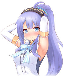  armpits arms_behind_head arms_up bare_shoulders blue_bow blue_eyes blue_hair blush bow breasts closed_mouth commentary_request dress elbow_gloves female gloves high_ponytail highres iris_mysteria! long_hair medium_breasts nose_blush ponytail priscilla_marcell_de_palvin simple_background sleeveless sleeveless_dress smile solo striped striped_bow upper_body very_long_hair white_background white_dress white_gloves yuu_(yumezakura) 