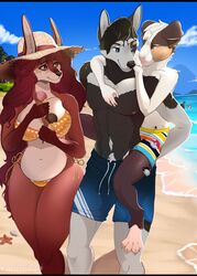  2022 8_echo 8echo angell_(angellsview3) angellsview3 anthro beach bikini bikini_bottom bikini_top biped black_body black_fur blue_eyes breasts brown_eyes canid canine canis carrying_another carrying_partner caviid clothing conditional_dnp dessert detailed_background digital_media_(artwork) domestic_dog female food fox fur group guinea_pig hair hat headgear headwear hi_res hybrid ice_cream long_hair male mammal multicolored_body multicolored_fur navel outside red_body red_fur red_hair rodent sea seaside smile sun_hat swimming_trunks swimwear tan_body tan_fur trio two_tone_body two_tone_fur water white_body white_fur wolf 