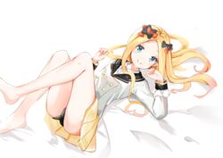  abigail_williams_(fate) absurdres barefoot bed_sheet black_bow black_panties blazer blonde_hair bow collared_shirt commentary dress_shirt fate/grand_order fate_(series) feet_out_of_frame female forehead hairbow hands_up highres jacket knees_up long_hair looking_at_viewer lying multiple_hair_bows on_back orange_bow panties parted_bangs pleated_skirt school_uniform shirt skirt solo thighs underwear very_long_hair white_background white_jacket white_shirt yellow_skirt yukaa 