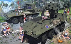  &gt;_&lt; 6+girls :d ^_^ adaptive_combat_rifle anti-materiel_rifle apple armored_vehicle assault_rifle backpack bag barefoot barrett_m82 black_hair blonde_hair blue_eyes blue_sky blush_stickers boots bow breasts brown_eyes brown_hair building campfire cleavage closed_eyes cloud collar collared_shirt commentary_request cooking eating food front-tie_top fruit grass ground_vehicle gun h&amp;k_hk416 hairbow hase_yu headband indian_style jerry_can knee_pads large_breasts lav-25 light_machine_gun log m249 m4_carbine m60 machine_gun midriff miniskirt mk_18_carbine multiple_girls navel necktie oerba_yun_fang original pink_hair post-apocalypse pouch rifle ruins scud_missile shirt sitting skirt sky sleeping_bag sleeveless sleeveless_shirt small_breasts smile smoke sniper_rifle sr-25 thighhighs translation_request twintails unworn_boots unworn_socks vehicle_focus water waterfall weapon zettai_ryouiki 