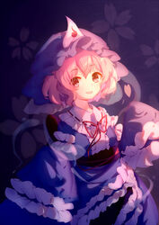  blue_kimono cherry_blossoms cowboy_shot eyes_visible_through_hair female frilled_kimono frilled_sleeves frills hat highres hitodama japanese_clothes kimono long_sleeves looking_at_viewer mob_cap neck_ribbon obi open_mouth petals pink_eyes pink_hair red_eyes red_ribbon ribbon saigyouji_yuyuko sash short_hair smile touhou triangular_headpiece wavy_hair wide_sleeves zhi_xixi 