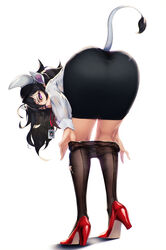  absurdres animal_ears ass black_hair black_pantyhose blueorca breasts clothes_pull commentary cow_ears cow_girl cow_tail female high_heels highres horns id_card large_breasts leaning_forward long_hair office_lady original pantyhose pantyhose_pull pencil_skirt purple_eyes red_footwear simple_background skirt solo tail torn_clothes torn_pantyhose undressing white_background 