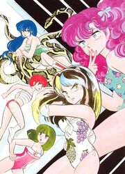  1980s_(style) 5girls absurdres bandages blue_hair blunt_bangs casual_one-piece_swimsuit curly_hair food_print frown fujinami_ryuunosuke green_hair hands_on_own_hips highres horns long_hair looking_at_viewer lum miyake_shinobu multiple_girls non-web_source official_art one-piece_swimsuit open_mouth painting_(medium) pink_hair puckered_lips ran_(urusei_yatsura) red_hair retro_artstyle sakura_(urusei_yatsura) sarashi short_hair snake spaghetti_strap swimsuit takahashi_rumiko traditional_media urusei_yatsura v_over_mouth watercolor_(medium) 