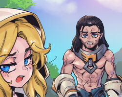  1boy abs annoyed black_hair blonde_hair blue_eyes blush clenched_teeth cloud collar day female league_of_legends long_hair looking_at_another lux_(league_of_legends) metal_collar muscular muscular_male navel open_mouth outdoors pants phantom_ix_row sylas_(league_of_legends) teeth topless_male tree upper_teeth_only 