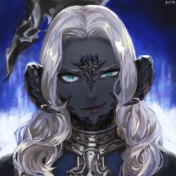  &gt;:) au_ra blue_background blue_eyes closed_mouth colored_skin commentary dragon_horns female final_fantasy final_fantasy_xiv frischenq grey_skin half-closed_eye horn_ornament horn_ring horns lips long_hair looking_at_viewer portrait sadu_dotharl scales signature smile smirk smug solo staff v-shaped_eyebrows wavy_hair white_hair 