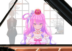  1boy 6mint absurdres arched_crown blush candy_hair_ornament commentary_request crown detached_collar faceless faceless_male female food-themed_hair_ornament grand_piano green_eyes hair_ornament hair_rings heterochromia highres himemori_luna himemori_luna_(1st_costume) hololive instrument looking_down music piano pink_hair playing_instrument playing_piano purple_eyes red_crown shitsuji-chan_(himemori_luna) side_ponytail single_hair_ring smile standing upper_body virtual_youtuber window 