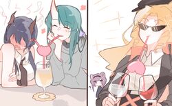  4girls ? animal_ears arknights beret black_hairband black_headwear black_jacket black_necktie blue_hair blush ch&#039;en_(arknights) chinese_commentary closed_eyes collared_shirt commentary_request crazy_straw dragon_horns drill_hair drinking_straw embarrassed full-face_blush green_hair grey_sweater hairband hat head_rest heart_straw horns hoshiguma_(arknights) jacket lin_(arknights) long_hair mouse_ears multiple_girls naichabencha necktie no_eyes open_mouth orange_hair purple_eyes purple_hair shared_straw shirt side_drill sidelocks simple_background single_horn skin-covered_horns sleeveless sleeveless_shirt smile sunglasses sweater swire_(arknights) twin_drills twintails upper_body wavy_mouth white_background white_shirt yuri 