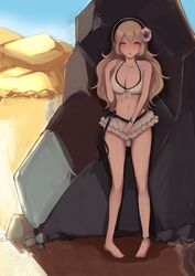  barefoot bikini black_hairband blue_sky breasts cleavage commentary corrin_(female)_(fire_emblem) corrin_(female)_(summer)_(fire_emblem) corrin_(fire_emblem) day dildo dildo_under_clothes dildo_under_swimsuit female female_masturbation fire_emblem fire_emblem_fates fire_emblem_heroes flower hair_flower hair_ornament hairband highres jtaka large_breasts long_hair masturbation object_insertion official_alternate_costume outdoors parted_lips pointy_ears red_eyes sex_toy sky solo stealth_masturbation swimsuit white_bikini white_hair 