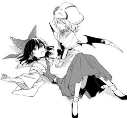  2girls bow closed_eyes commentary curiosities_of_lotus_asia greyscale hair_tubes hairbow hakurei_reimu hands_on_own_knees long_skirt long_sleeves lying monochrome multiple_girls own_hands_together remilia_scarlet seiza short_hair simple_background sitting sitting_on_person skirt smile touhou white_background wings yuki_(popopo) 