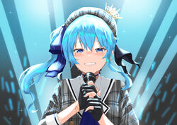  6mint absurdres beret black_gloves blue_eyes blue_hair blue_nails blush commentary_request crying crying_with_eyes_open female gloves hat highres holding holding_microphone hololive hoshimachi_suisei hoshimachi_suisei_(1st_costume) long_hair looking_at_viewer microphone nail_polish partially_fingerless_gloves side_ponytail solo tears upper_body virtual_youtuber 