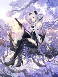  absurdres alicia_(anchor_panic) anchor_panic bare_shoulders black_gloves breasts chinese_commentary commentary detached_sleeves female gloves hairband high_heels highres holding holding_sword holding_weapon katana official_art purple_eyes purple_theme senryoko sitting_on_branch sword thighhighs weapon white_hair 