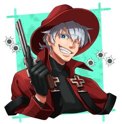  1boy black_gloves blue_eyes bullet_hole cross gloves grey_hair gun handgun hat holding holding_gun holding_weapon kyuuketsuki_sugu_shinu looking_at_viewer male_focus one_eye_closed red_hat ronaldo_(kyuuketsuki_sugu_shinu) smile solo weapon yasuo_(chisyu0204) 