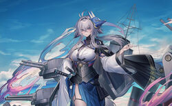  animal_ears asymmetrical_clothes azur_lane black_choker blue_skirt breasts choker cloud cloudy_sky commentary corset detached_sleeves echj female floppy_ears fluffy fox_mask fox_tail hair_between_eyes highres large_breasts long_hair looking_at_viewer mask mask_on_head pink_eyes pleated_skirt rigging sheath sheathed sideboob skirt sky solo sword tail thigh_strap tosa_(azur_lane) turret water weapon wide_sleeves 