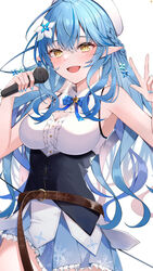  bad_id bad_pixiv_id bare_arms bare_shoulders belt blue_hair blue_nails blue_skirt blush braid breasts brown_belt cleavage collarbone colored_tips cowboy_shot female flower frilled_skirt frills hair_flower hair_ornament half_updo highres holding holding_microphone hololive large_breasts long_hair long_sleeves looking_at_viewer microphone multicolored_hair nail_polish open_mouth pleated_skirt pointy_ears rei_(rei_9146) shirt side_braid simple_background skirt sleeveless smile solo streaked_hair virtual_youtuber white_background white_headwear white_shirt yellow_eyes yukihana_lamy yukihana_lamy_(1st_costume) 