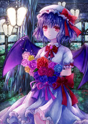  absurdres ascot bat_wings blue_flower bow brooch commentary commentary_request dress eyes_visible_through_hair female flower frilled_shirt frilled_shirt_collar frilled_sleeves frills hat hat_ribbon highres holding holding_flower jewelry looking_away mob_cap partial_commentary pink_dress pink_flower purple_hair red_bow red_eyes red_flower red_ribbon remilia_scarlet ribbon ribbon_trim sash shirt short_hair short_sleeves suzushina touhou window wings yellow_flower 