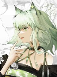  absurdres animal_ear_fluff animal_ears arknights bad_id bad_lofter_id bare_shoulders black_collar cat_ears chinese_commentary collar commentary_request criss-cross_halter dress female from_side green_dress green_eyes green_hair halterneck hand_up highres kal&#039;tsit_(arknights) lips luan_teng material_growth off-shoulder_dress off_shoulder oripathy_lesion_(arknights) short_hair signature solo star_of_life stethoscope upper_body zoom_layer 