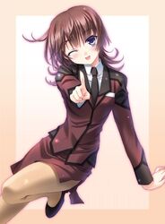  active_raid blush brown_hair female high_heels kazari_asami kimizuka_aoi long_sleeves looking_at_viewer medium_hair necktie one_eye_closed pantyhose pencil_skirt pointing pointing_at_viewer police police_uniform purple_eyes skirt solo uniform 