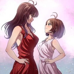  2girls antenna_hair blush body_blush breast_contest breasts brown_eyes brown_hair chiaki_rakutarou closed_mouth collarbone cowboy_shot dress fingernails hands_on_own_hips height_difference hidaka_ai hidaka_mai highres idolmaster idolmaster_dearly_stars large_breasts long_hair looking_at_another medium_breasts mother_and_daughter multiple_girls perky_breasts pink_dress red_dress short_hair sleeveless smile 