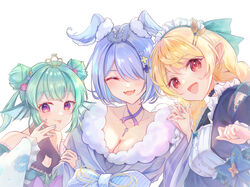  3girls :p apron black_kimono blue_hair blue_nails blue_wings braid breasts cleavage commentary double_bun elira_pendora elira_pendora_(2nd_costume) entsu_(10_9) finana_ryugu finana_ryugu_(2nd_costume) fur-trimmed_kimono fur_trim green_hair hair_bun hair_over_one_eye halterneck head_wings highres japanese_clothes jewelry key key_necklace kimono large_breasts lazulight long_hair maid maid_headdress multiple_girls necklace nijisanji nijisanji_en pointy_ears pomu_rainpuff pomu_rainpuff_(2nd_costume) purple_eyes red_eyes short_hair symbol-only_commentary tiara tongue tongue_out twin_braids virtual_youtuber wa_maid white_apron wings 