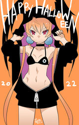  adjusting_hood alisa_southerncross artist_name bikini black_bikini black_choker breasts choker closed_mouth commentary_request cowboy_shot dated english_text female frown halloween halloween_costume happy_halloween highres hood hood_up keroro_gunsou long_hair long_hoodie long_sleeves looking_at_viewer navel orange_background orange_hair oyster_(artist) partial_commentary partially_unzipped red_eyes signature simple_background small_breasts solo standing star_ornament swimsuit twintails very_long_hair zipper 