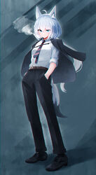  absurdres ahoge alternate_costume animal_ear_fluff animal_ears belt black_footwear black_necktie black_pants black_suit blue_background blue_eyes chromatic_aberration cigarette closed_mouth collared_shirt commentary cross-laced_footwear dress_shirt expressionless eyes_visible_through_hair female formal fox_ears fox_girl fox_tail full_body hair_between_eyes hands_in_pockets highres hololive jacket jacket_on_shoulders long_hair long_legs looking_at_viewer mouth_hold necktie open_clothes open_jacket pants photoshop_(medium) ponytail red_necktie shirakami_fubuki shirt shoes simple_background smoke smoking solo standing striped striped_necktie suit tail tsumumi_(ozakiyo) two-tone_necktie virtual_youtuber white_hair white_shirt wing_collar 